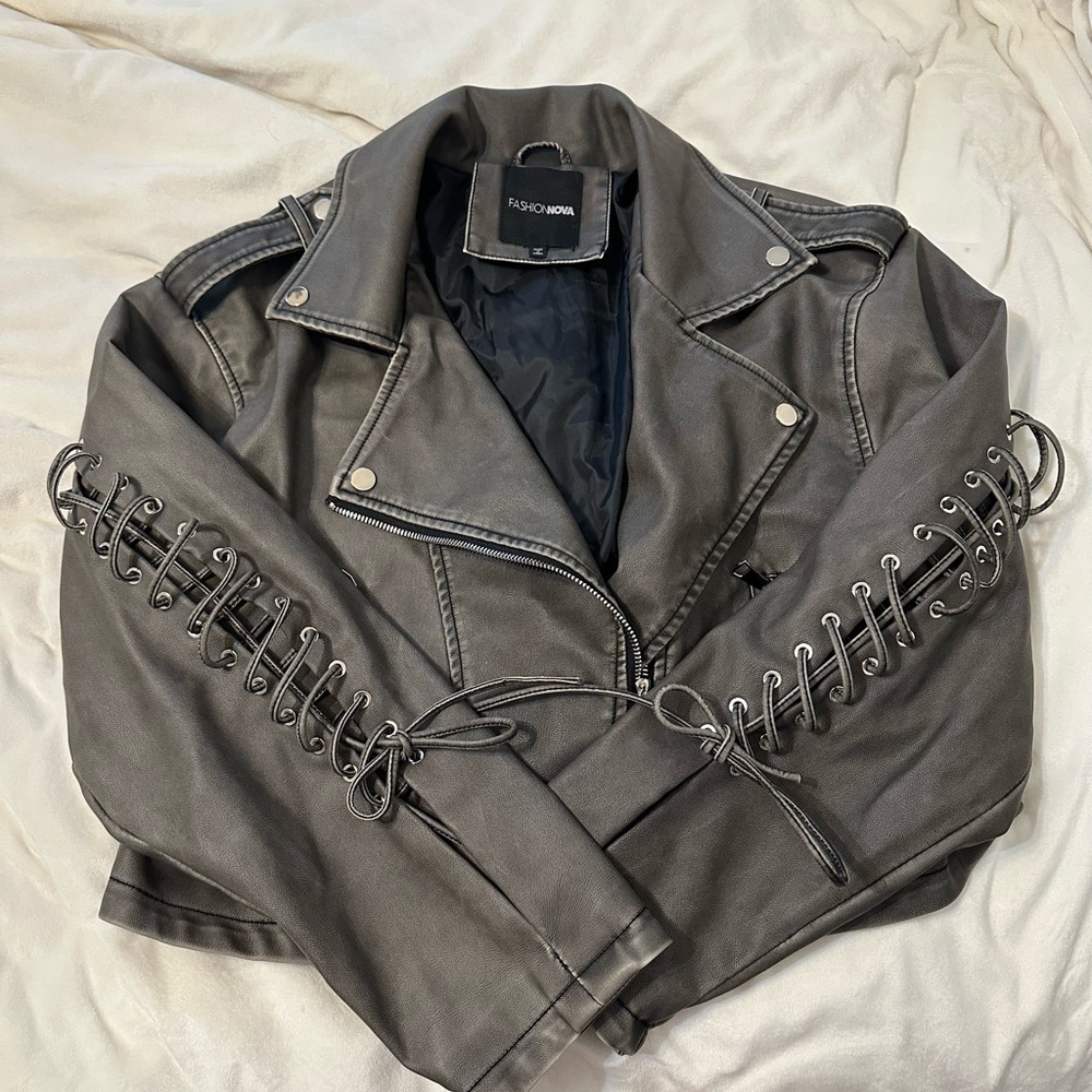 Fashion Nova Charcoal Gray Crop Lace-Up Faux Leather Jacket